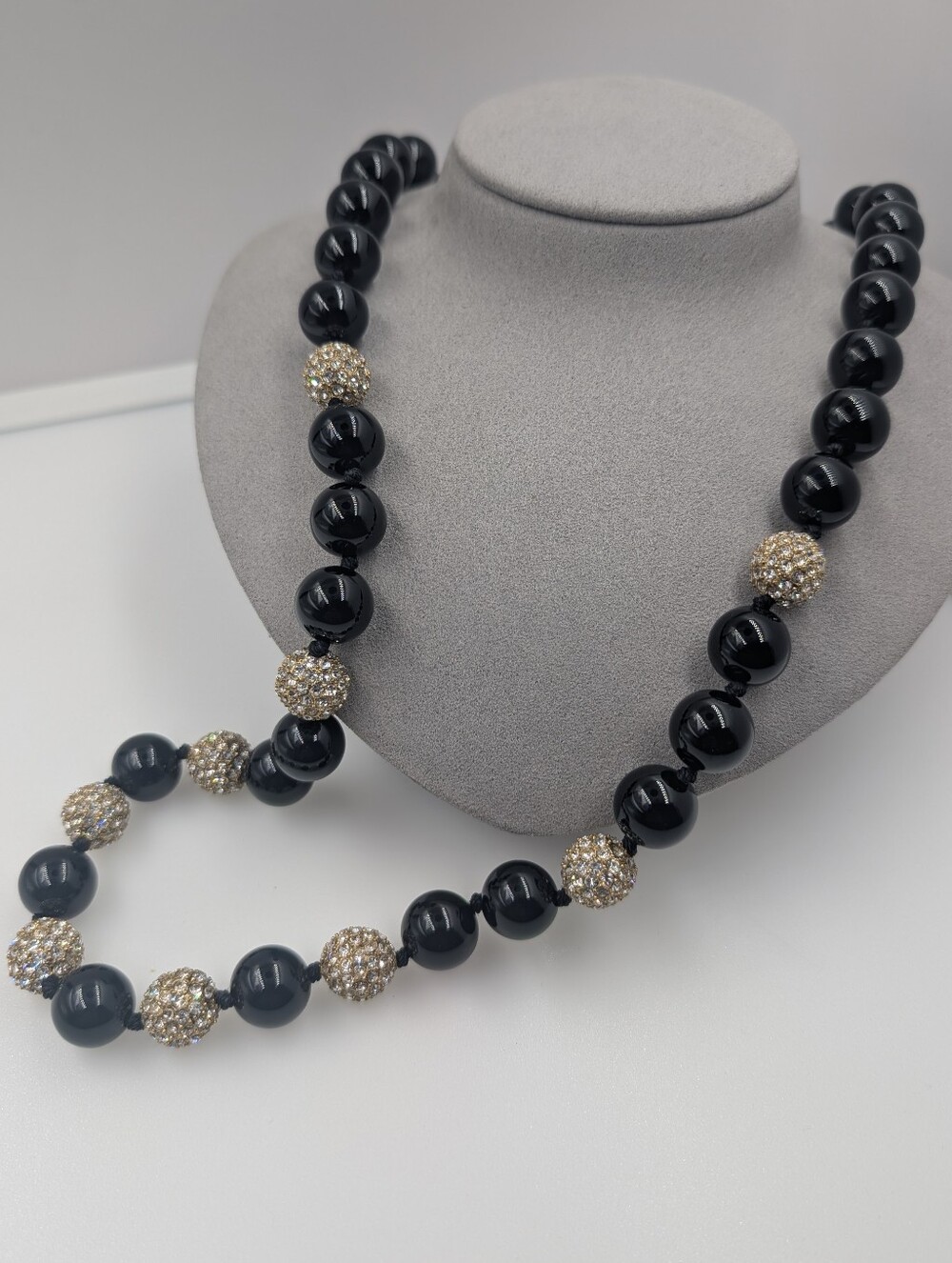 Signed J. Crew Black Glass Bead Pave Crystal Disco Ball Necklace 0509